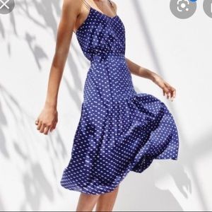 J. Crew Polka Dot Pleated Midi Dress Navy Blue